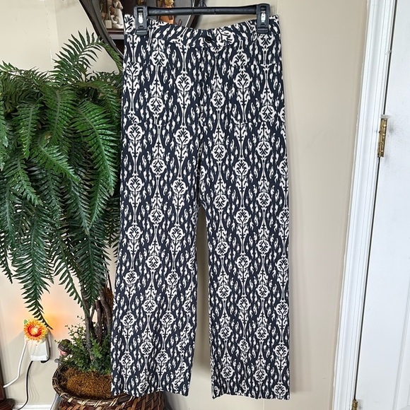Zara Ava Pants Navy Cream Graphic Print Tribal Pattern Button Fly Boho Trousers - Picture 13 of 13